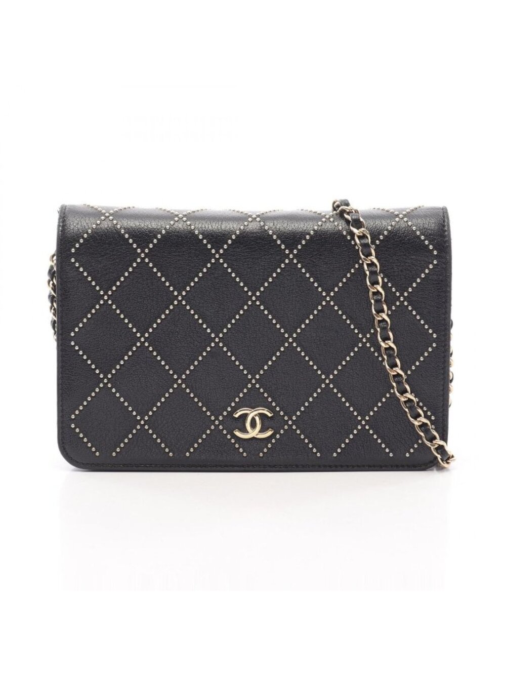 Chanel Shoulder Bag Quilted Studs Black Leather Chain Wallet